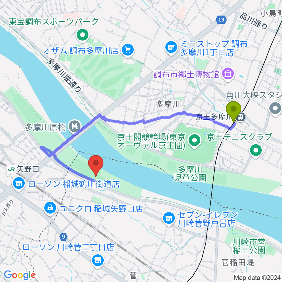 京王多摩川駅から多摩川緑地菅少年野球場へのルートマップ地図