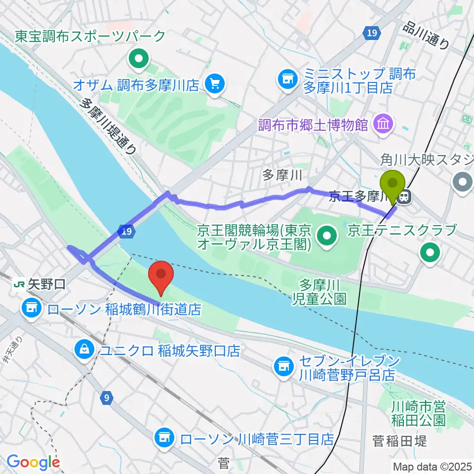 京王多摩川駅から多摩川緑地菅少年野球場へのルートマップ地図