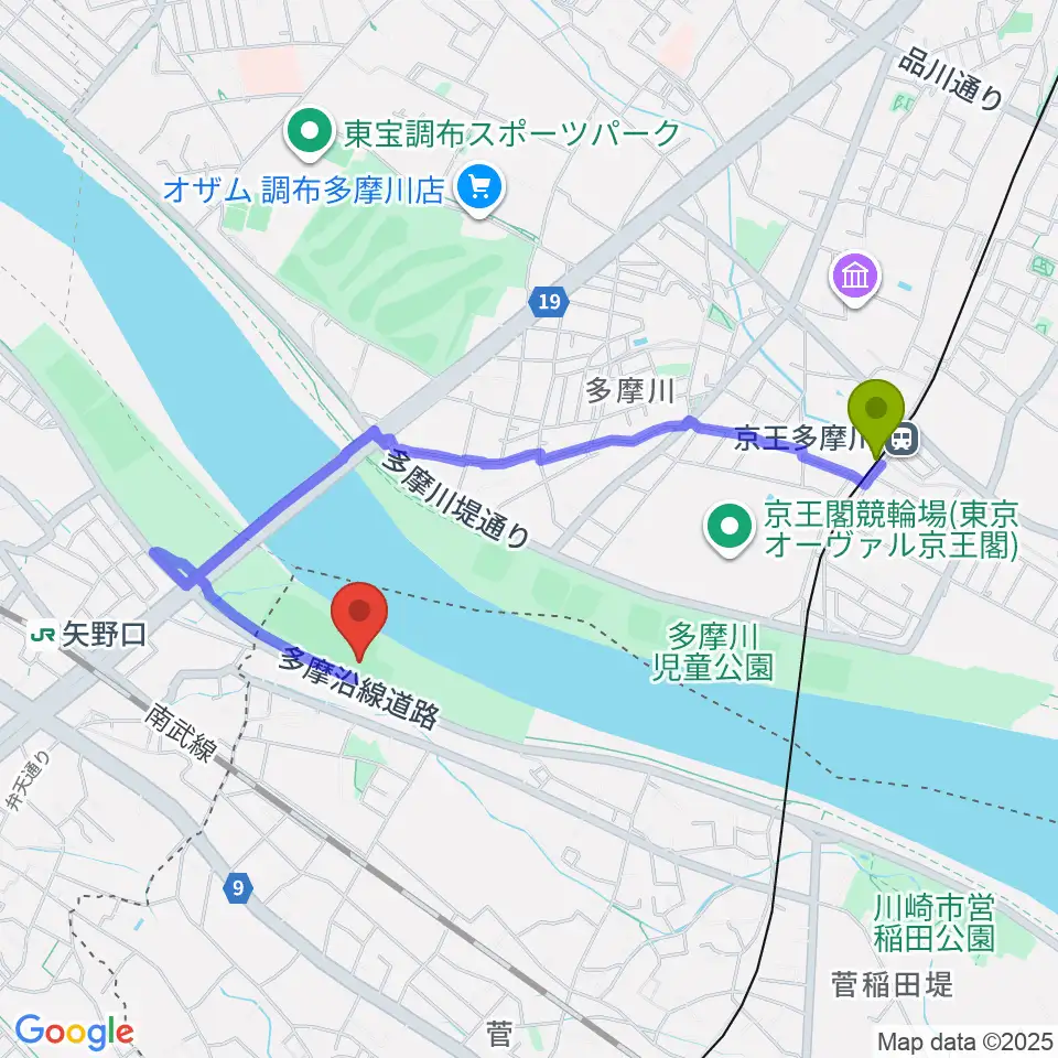 京王多摩川駅から多摩川緑地菅少年野球場へのルートマップ地図