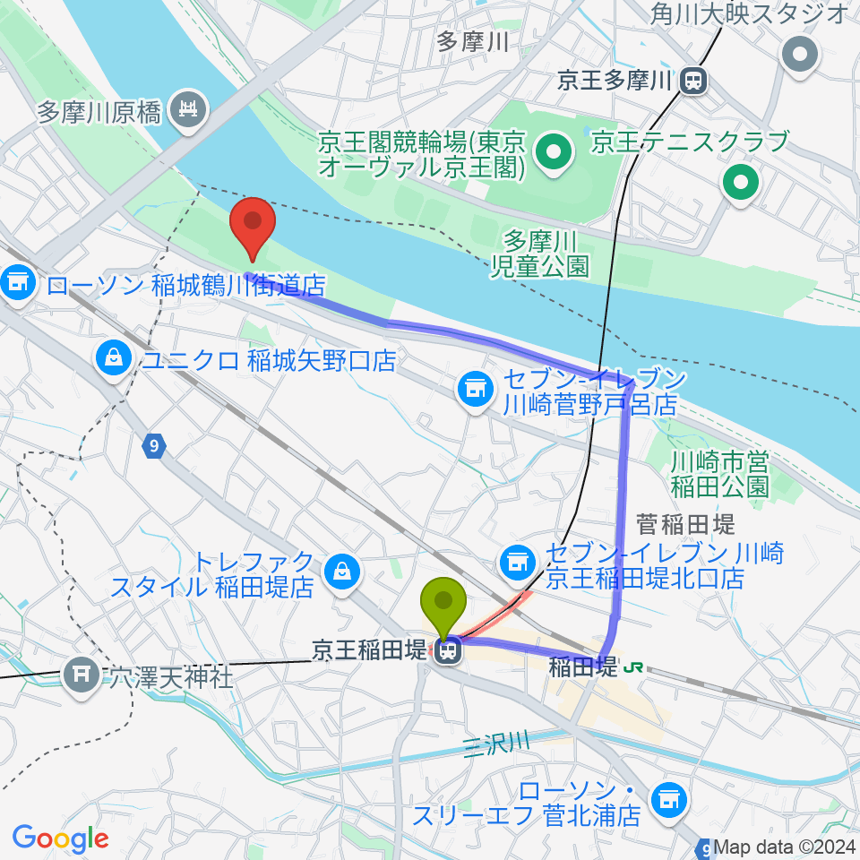 京王稲田堤駅から多摩川緑地菅少年野球場へのルートマップ地図