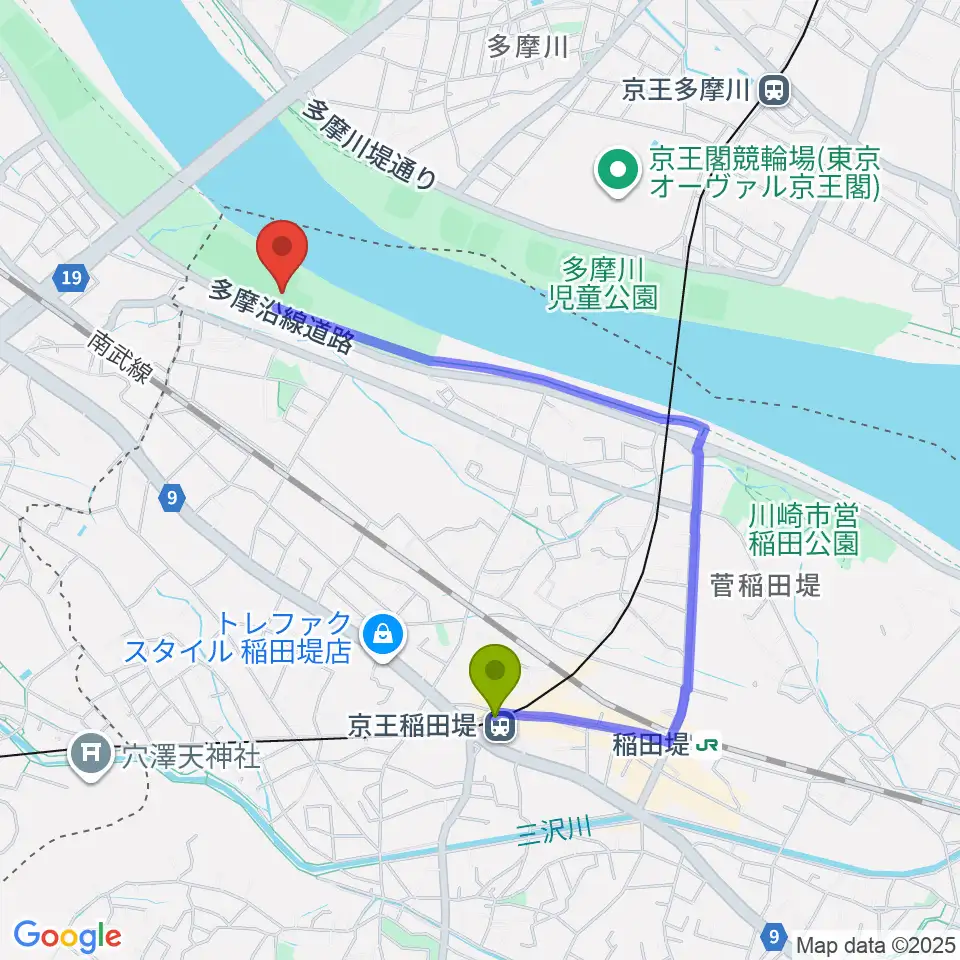 京王稲田堤駅から多摩川緑地菅少年野球場へのルートマップ地図