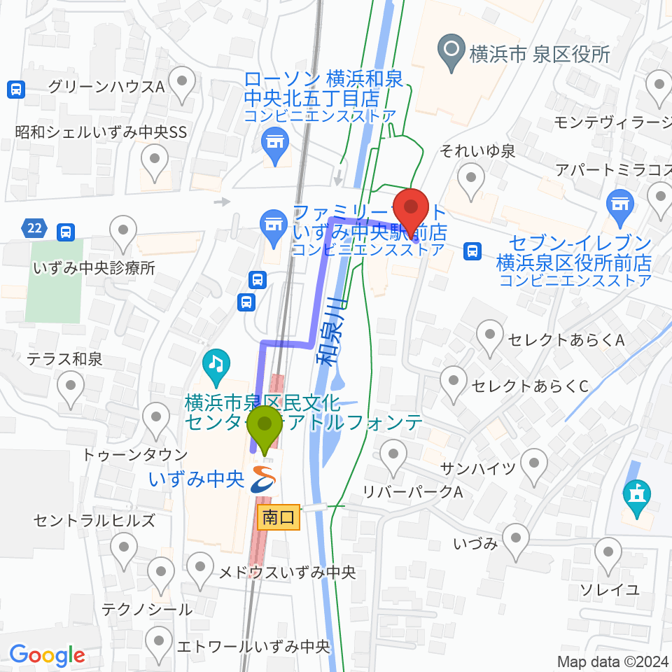 スタジオブルームの最寄駅いずみ中央駅からの徒歩ルート（約3分）地図
