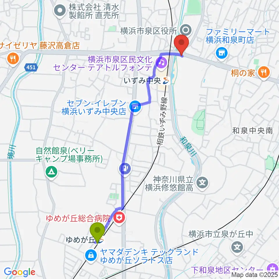 ゆめが丘駅からスタジオブルームへのルートマップ地図