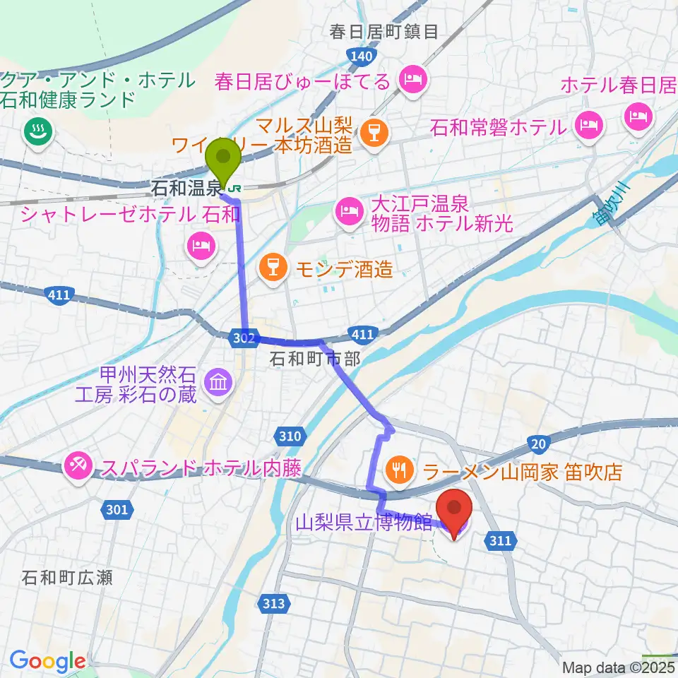 山梨県立博物館 かいじあむの最寄駅石和温泉駅からの徒歩ルート（約38分）地図