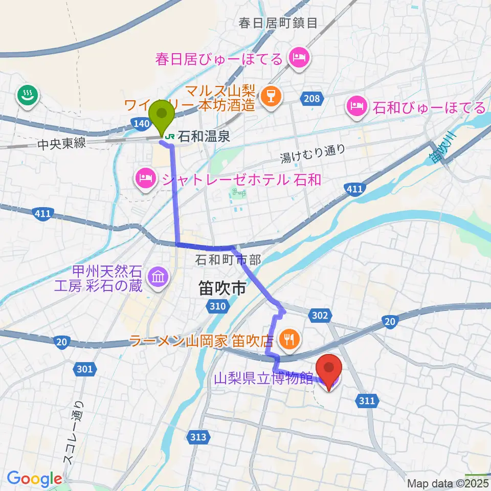 山梨県立博物館 かいじあむの最寄駅石和温泉駅からの徒歩ルート（約38分）地図