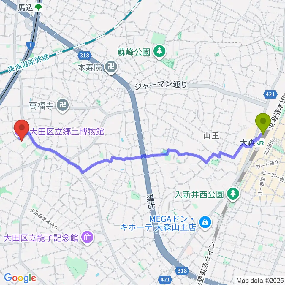 大森駅から大田区立郷土博物館へのルートマップ地図