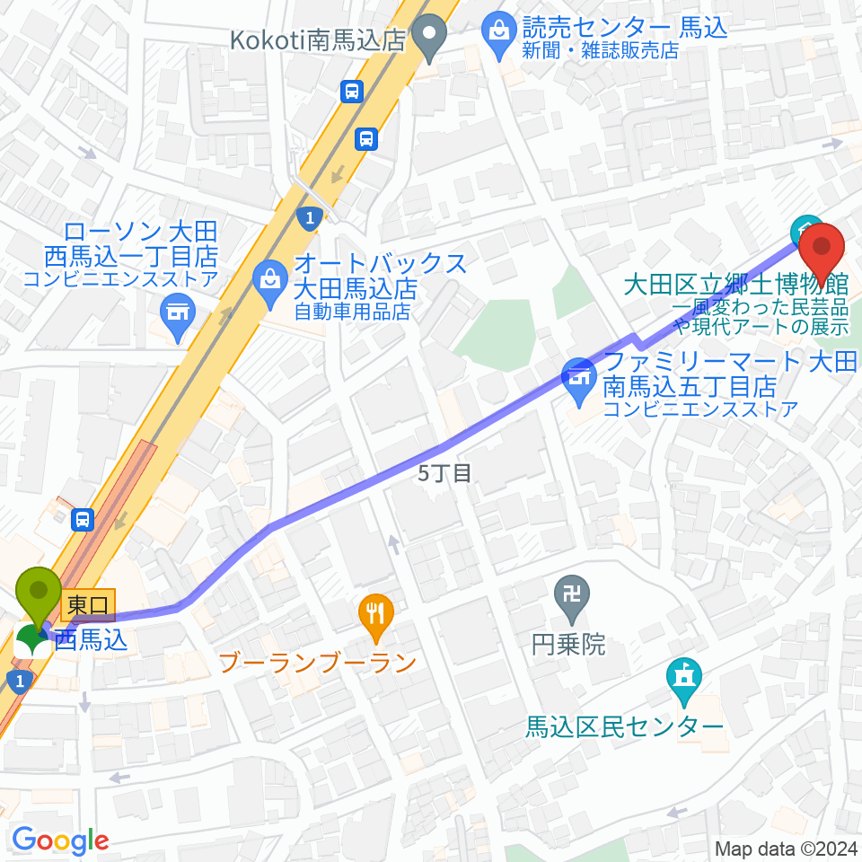 大田区立郷土博物館の最寄駅西馬込駅からの徒歩ルート（約8分）地図