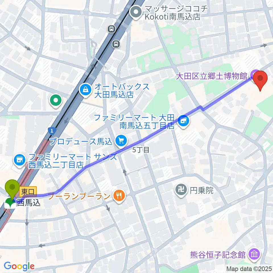 大田区立郷土博物館の最寄駅西馬込駅からの徒歩ルート（約8分）地図