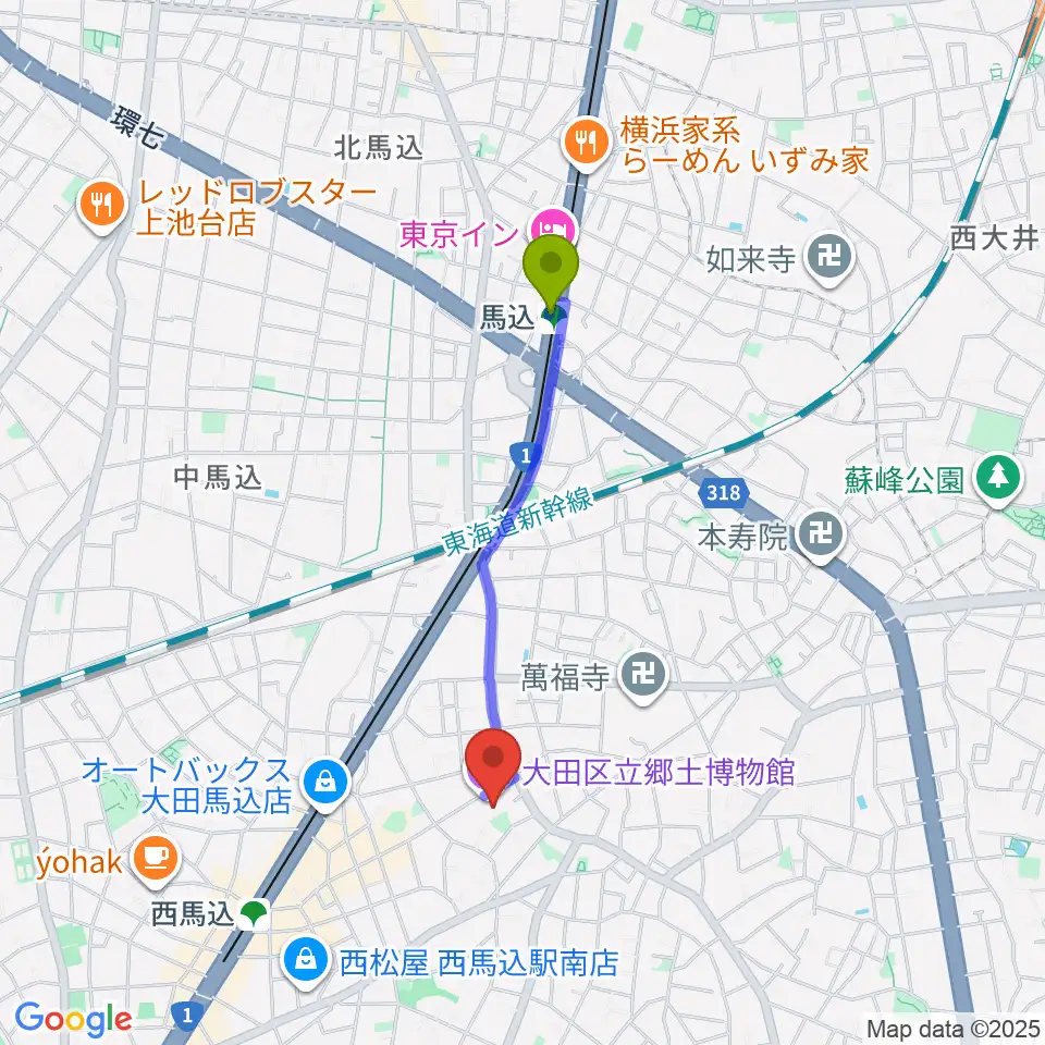 馬込駅から大田区立郷土博物館へのルートマップ地図