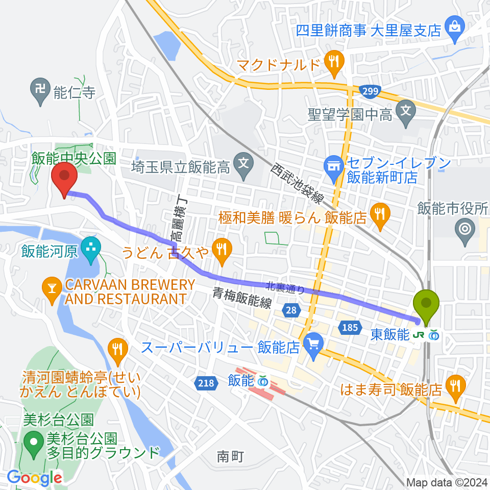 東飯能駅から飯能市立博物館へのルートマップ地図