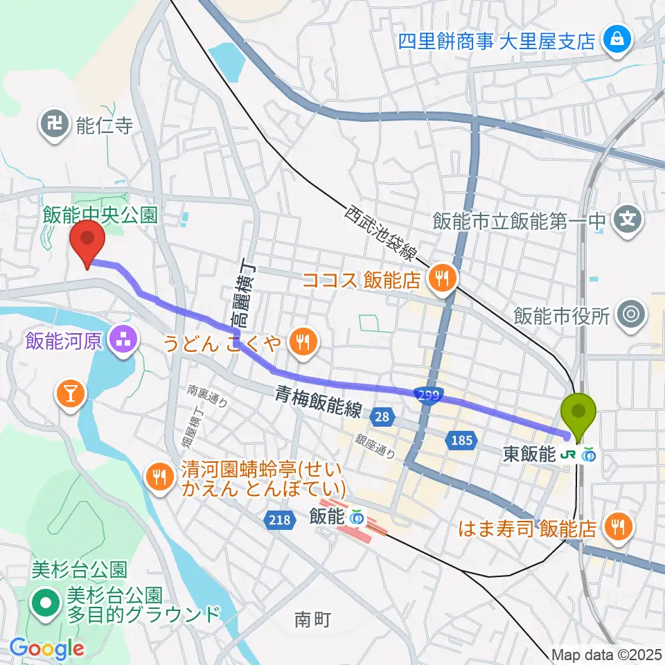 東飯能駅から飯能市立博物館へのルートマップ地図