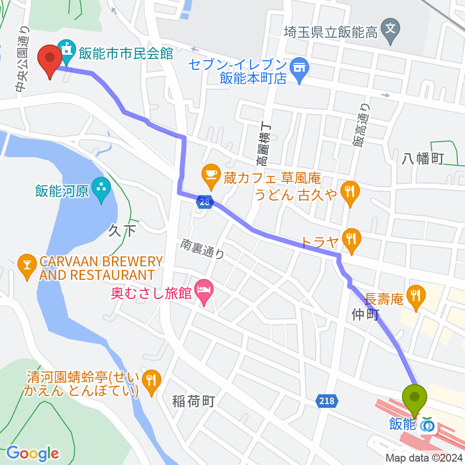 飯能市立博物館の最寄駅飯能駅からの徒歩ルート（約17分）地図