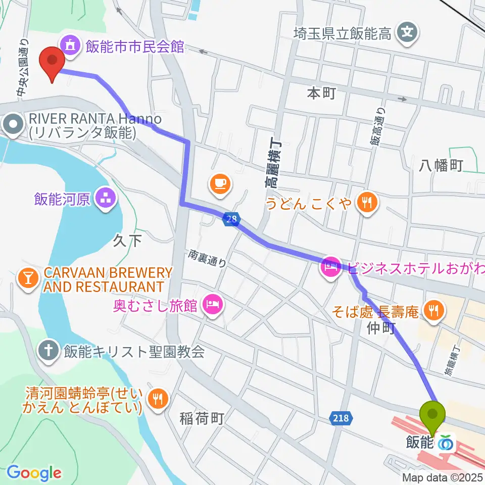 飯能市立博物館の最寄駅飯能駅からの徒歩ルート（約17分）地図