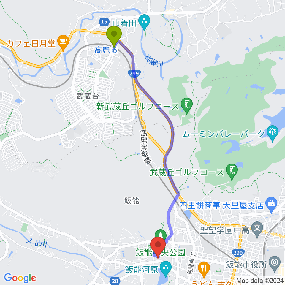 高麗駅から飯能市立博物館へのルートマップ地図