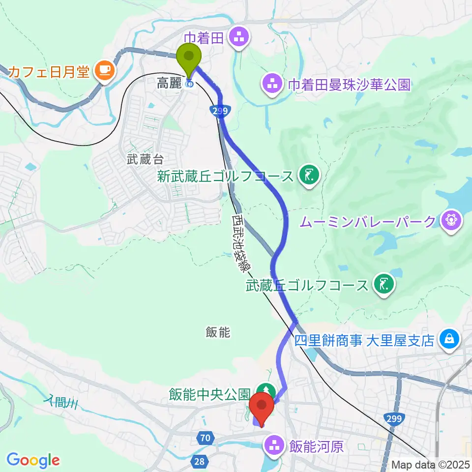 高麗駅から飯能市立博物館へのルートマップ地図