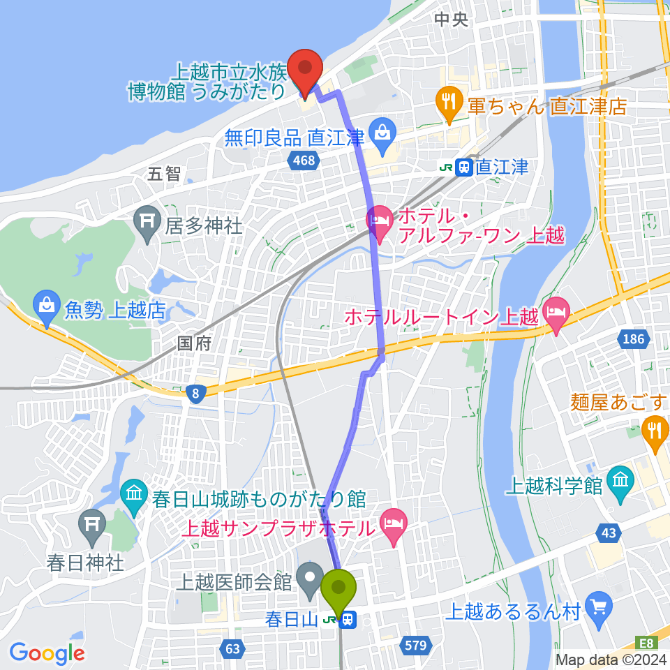 春日山駅から上越市立水族博物館うみがたりへのルートマップ地図