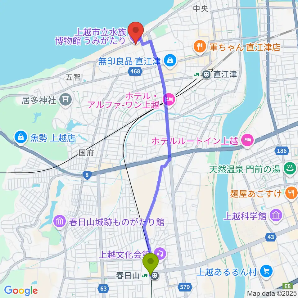 春日山駅から上越市立水族博物館うみがたりへのルートマップ地図