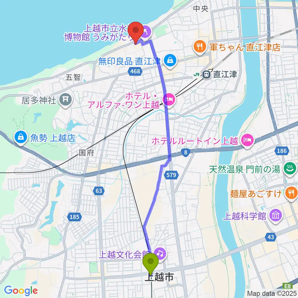 春日山駅から上越市立水族博物館うみがたりへのルートマップ地図