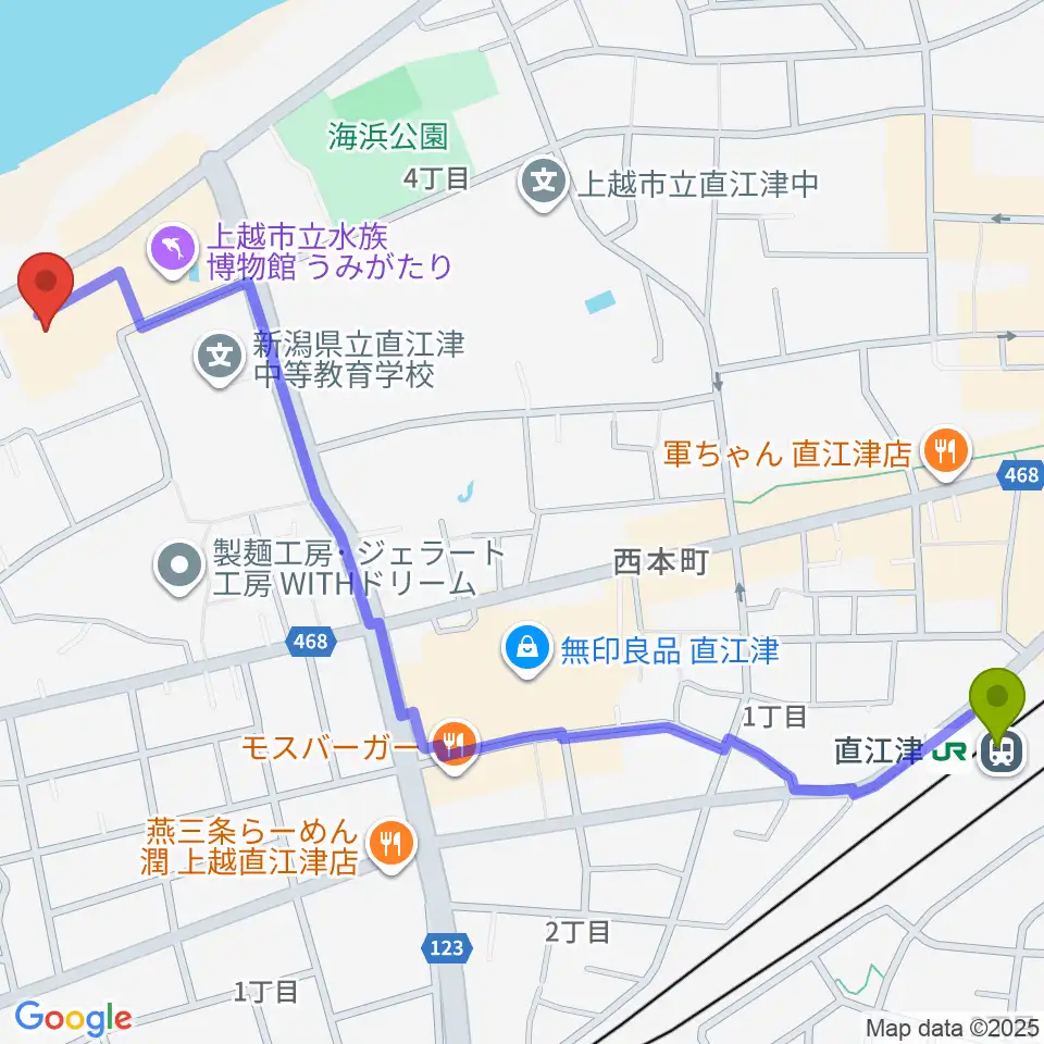 上越市立水族博物館うみがたりの最寄駅直江津駅からの徒歩ルート（約15分）地図