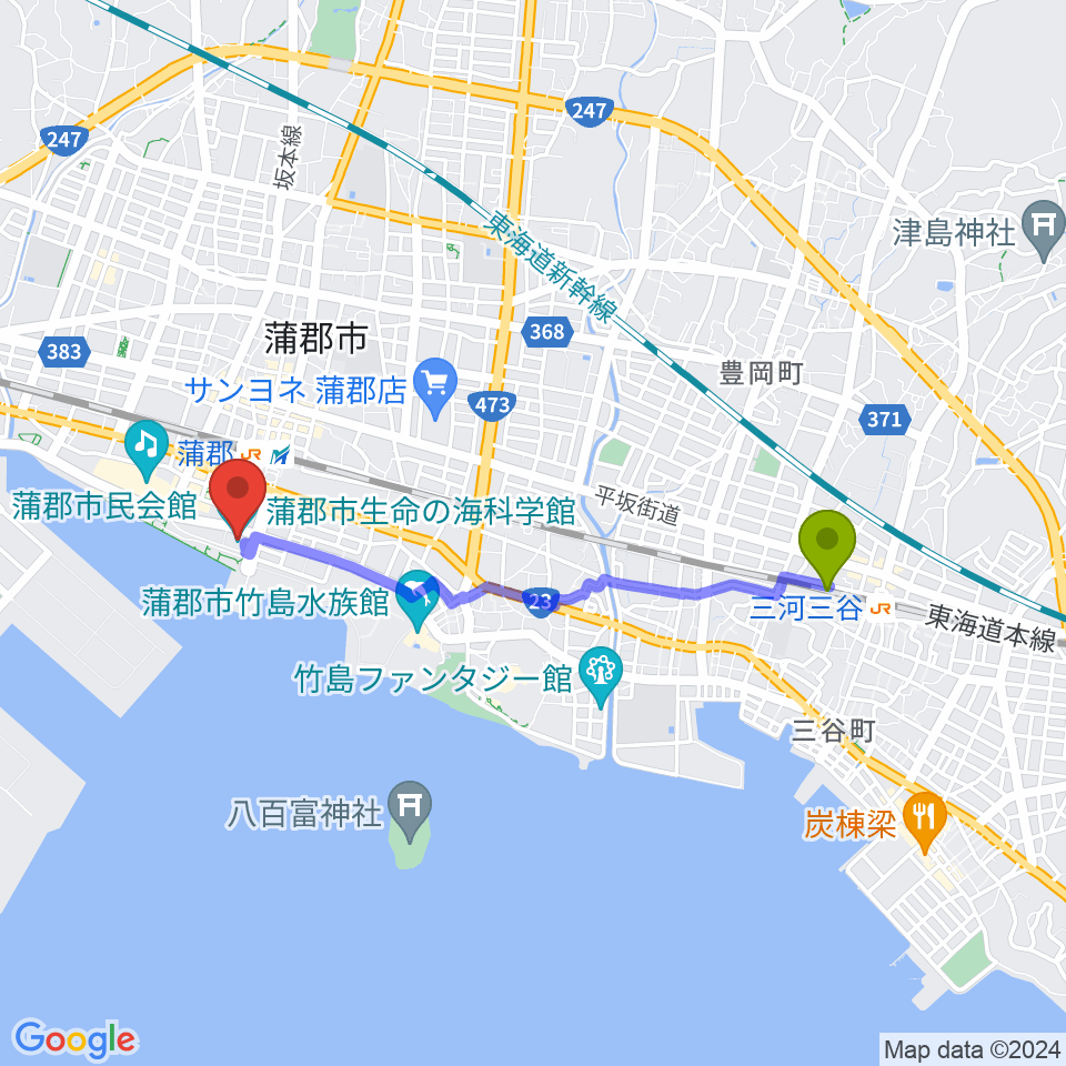 三河三谷駅から蒲郡市生命の海科学館へのルートマップ地図