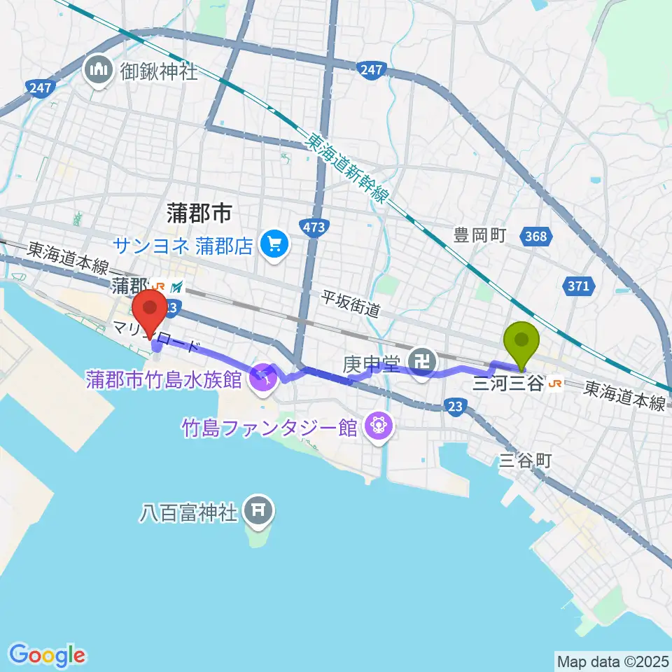 三河三谷駅から蒲郡市生命の海科学館へのルートマップ地図