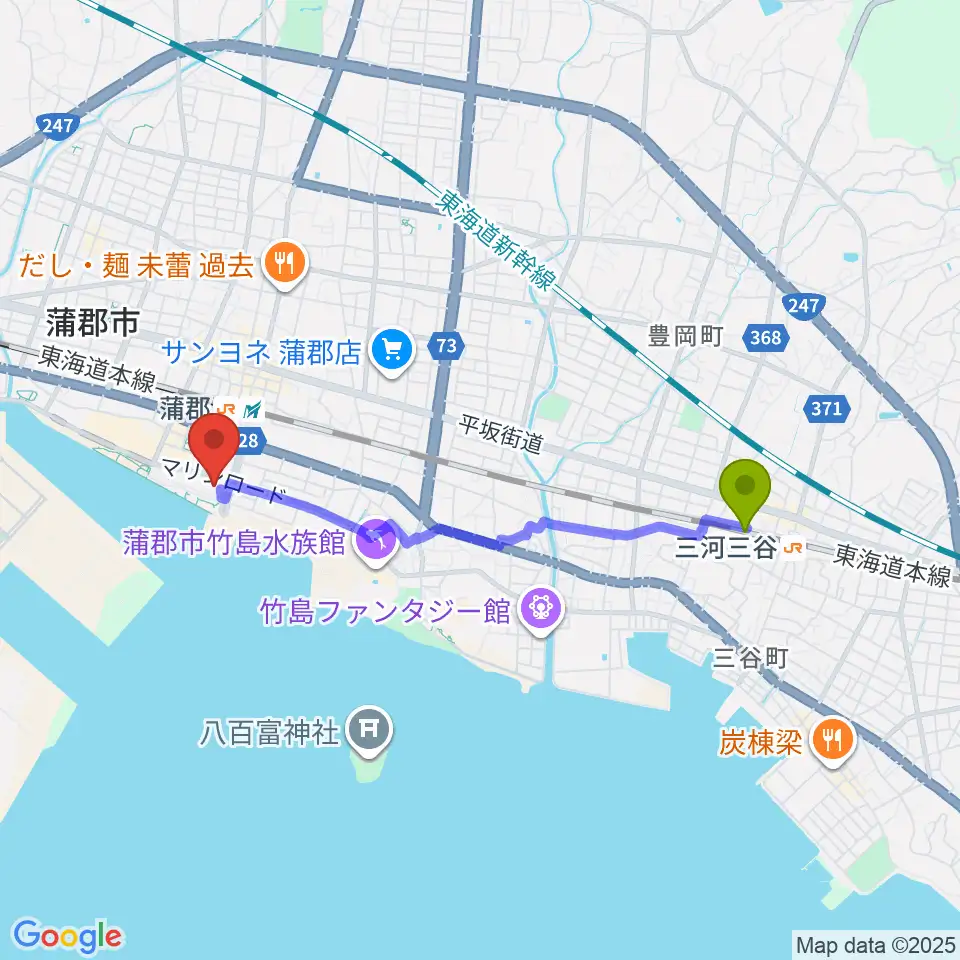 三河三谷駅から蒲郡市生命の海科学館へのルートマップ地図