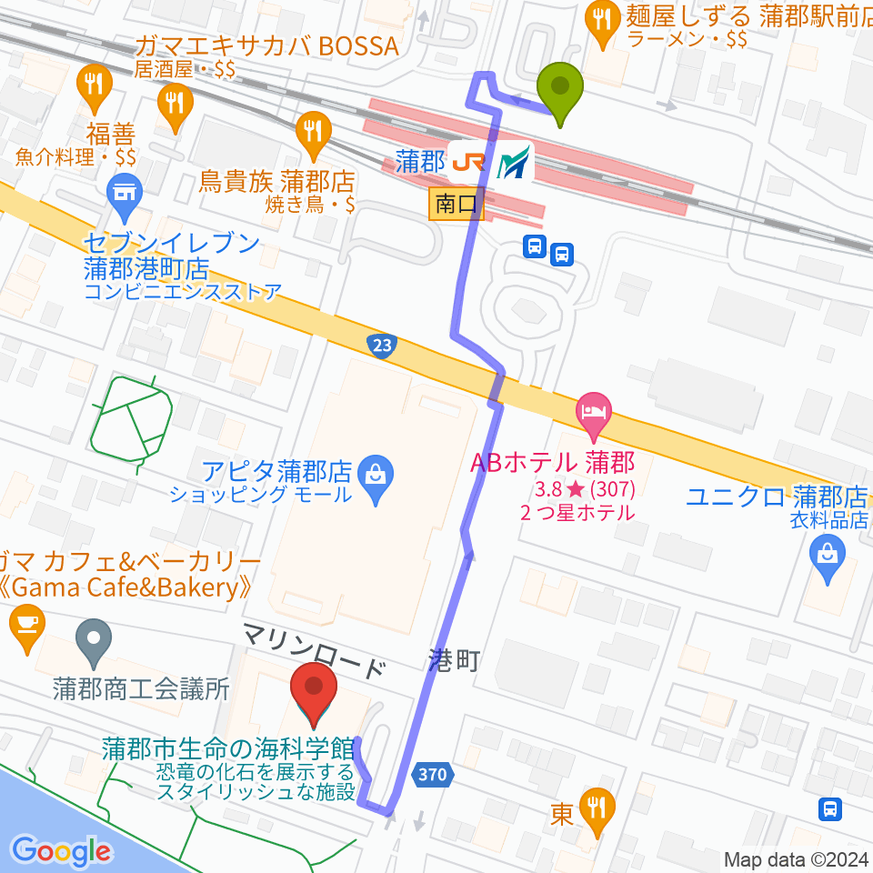 蒲郡市生命の海科学館の最寄駅蒲郡駅からの徒歩ルート（約6分）地図