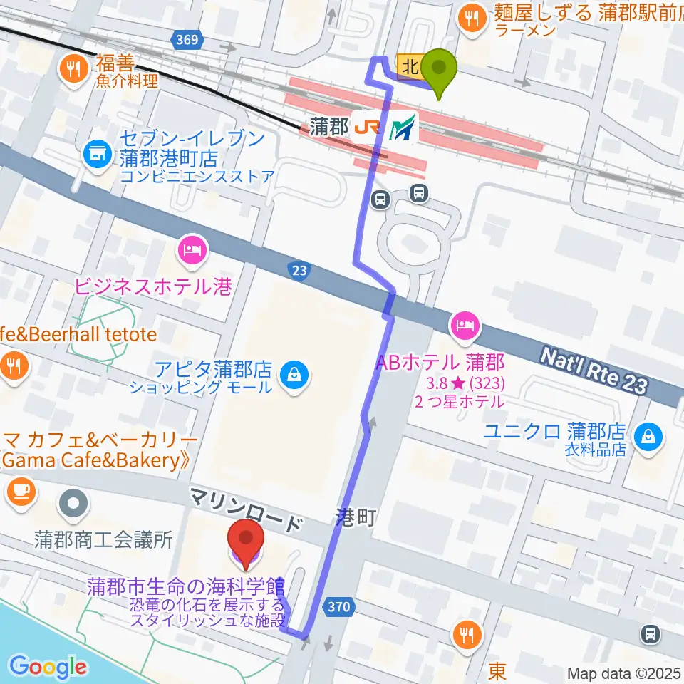 蒲郡市生命の海科学館の最寄駅蒲郡駅からの徒歩ルート（約6分）地図