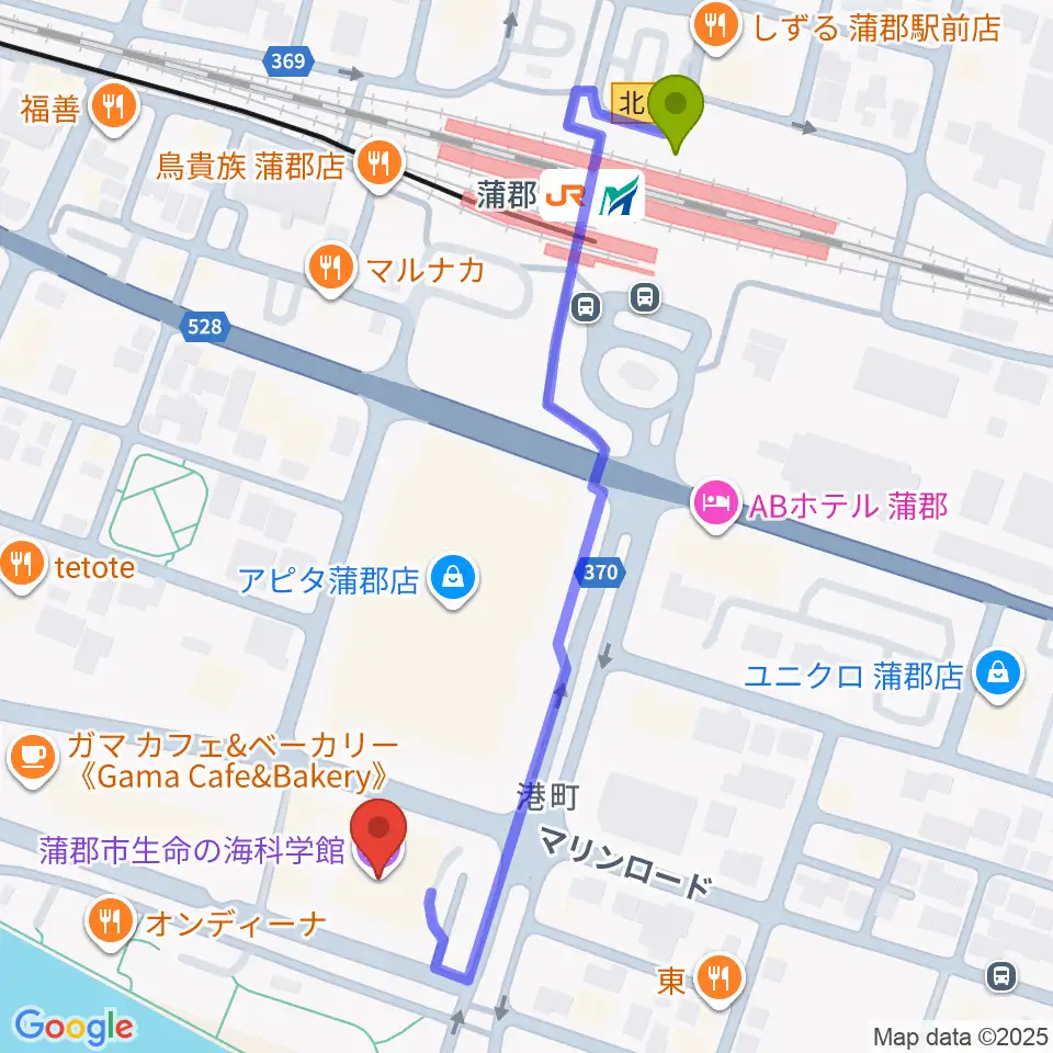 蒲郡市生命の海科学館の最寄駅蒲郡駅からの徒歩ルート（約6分）地図