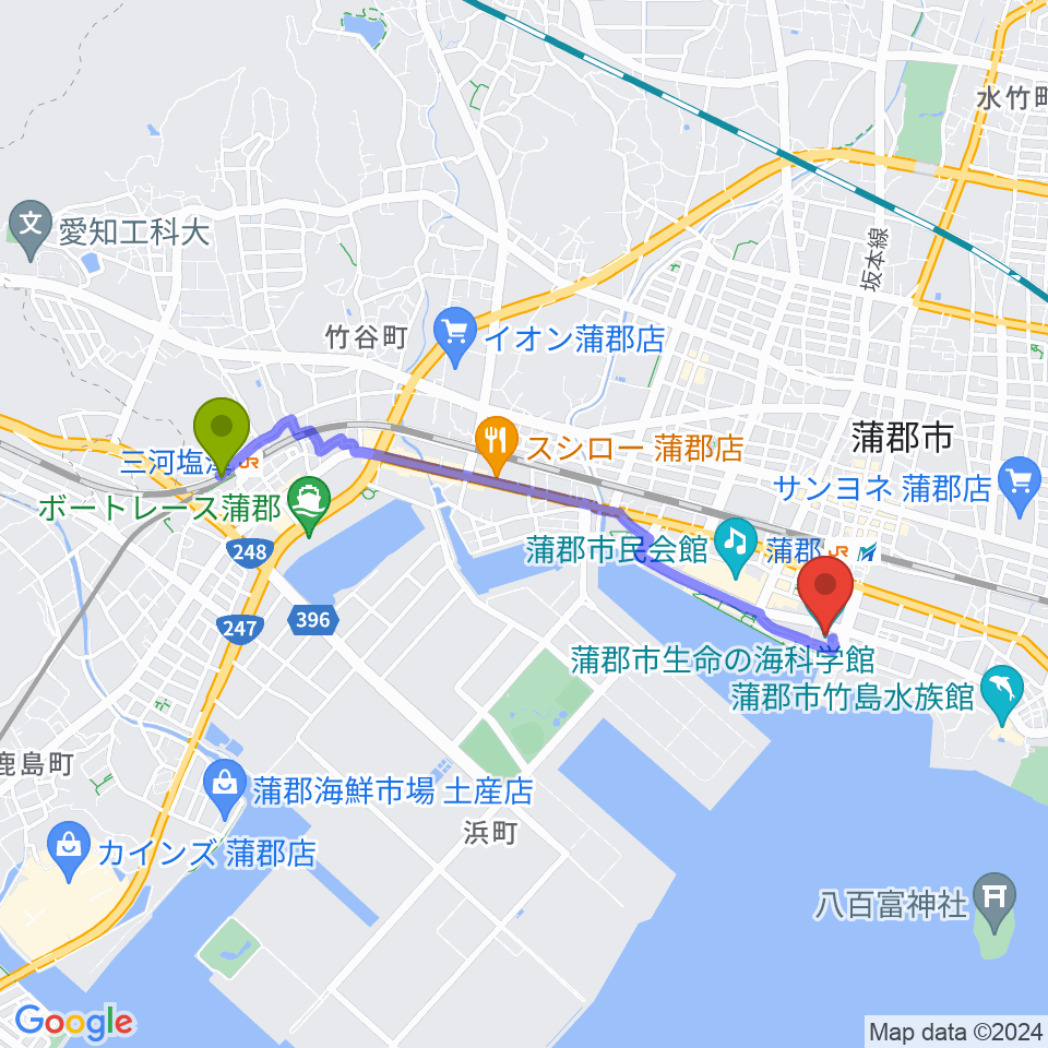 三河塩津駅から蒲郡市生命の海科学館へのルートマップ地図