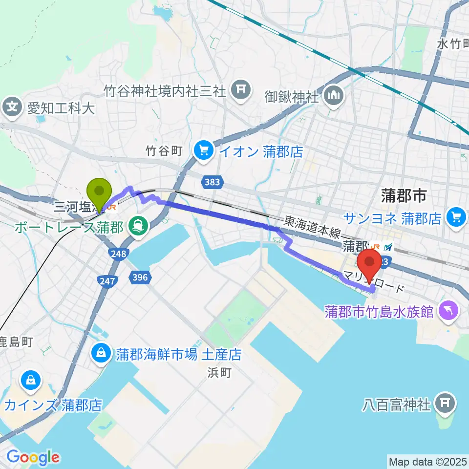 三河塩津駅から蒲郡市生命の海科学館へのルートマップ地図