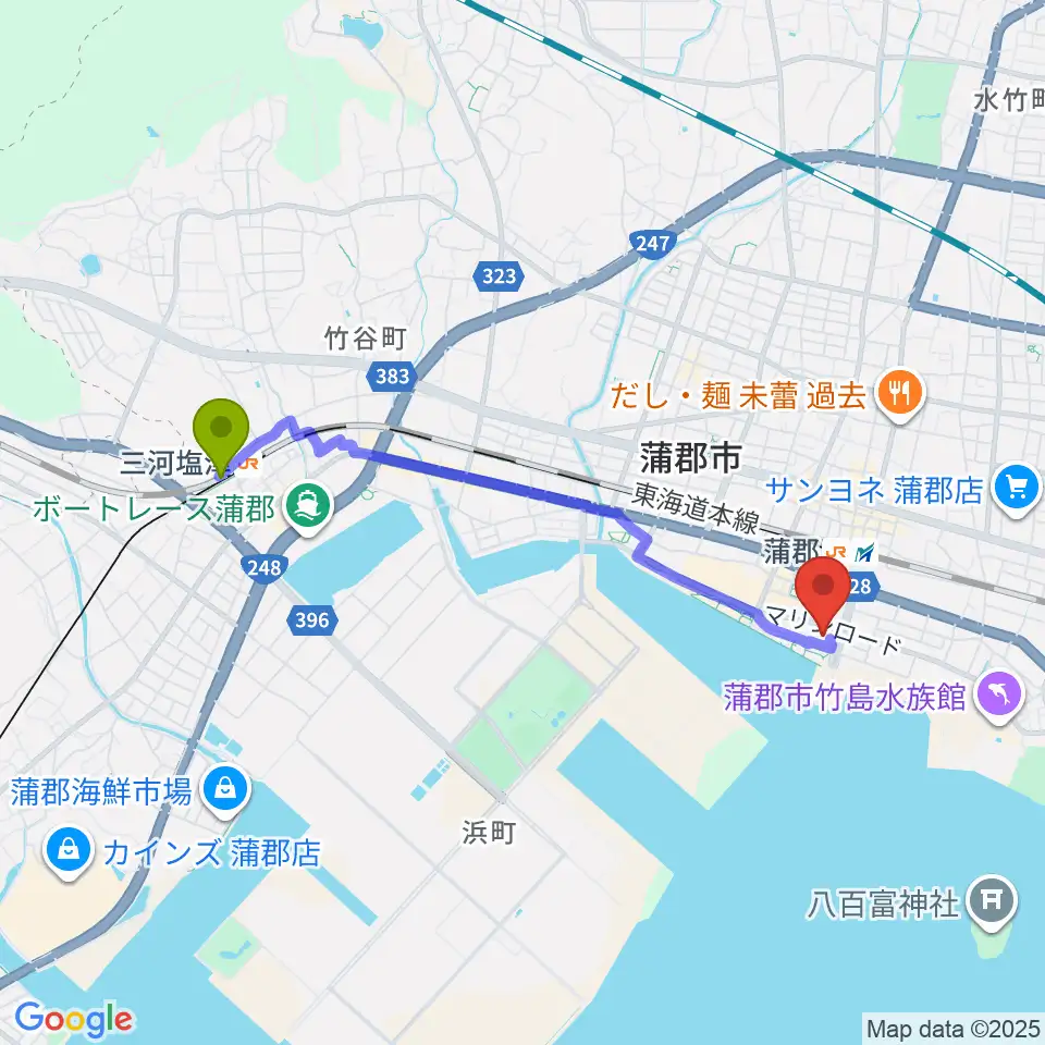三河塩津駅から蒲郡市生命の海科学館へのルートマップ地図