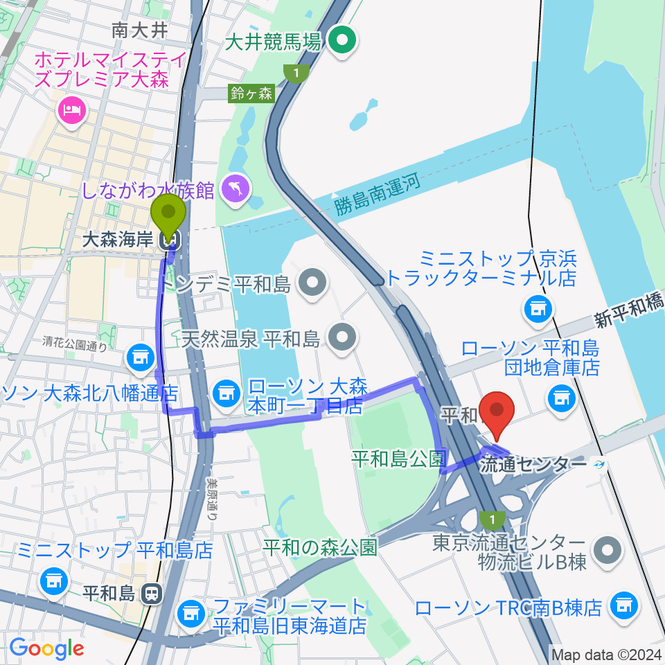 大森海岸駅からTIC Studioへのルートマップ地図