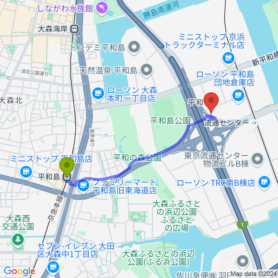 平和島駅からTIC Studioへのルートマップ地図