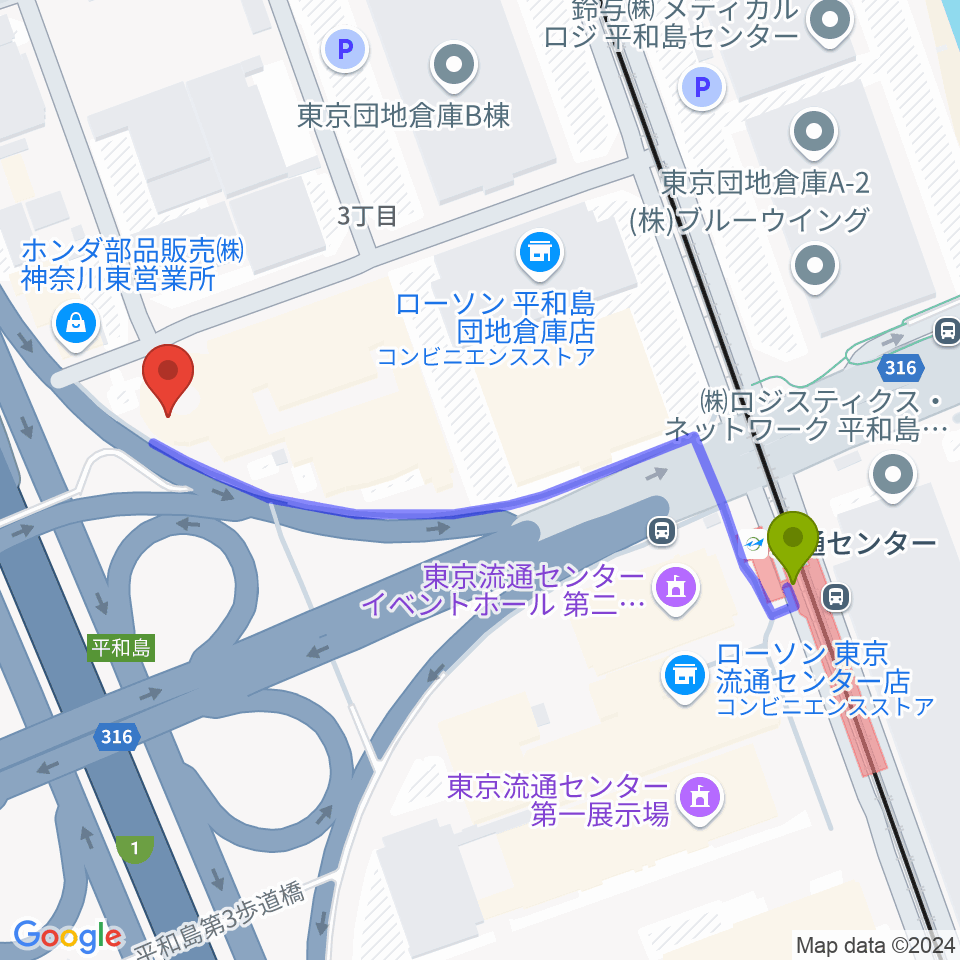 TIC Studioの最寄駅流通センター駅からの徒歩ルート（約5分）地図