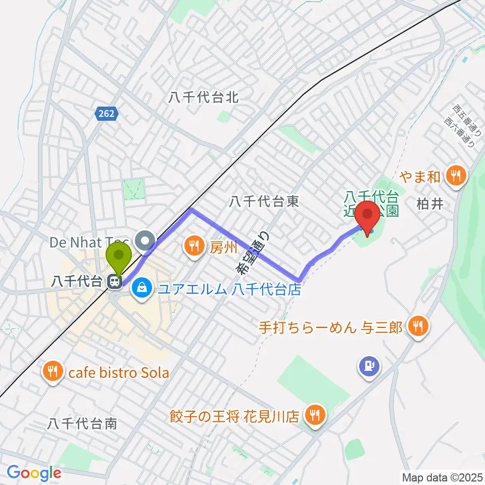 八千代台近隣公園小体育館の最寄駅八千代台駅からの徒歩ルート（約16分）地図