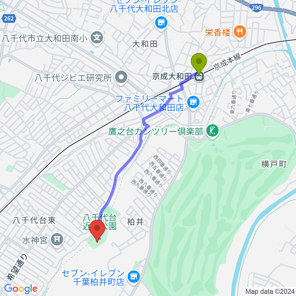 京成大和田駅から八千代台近隣公園小体育館へのルートマップ地図