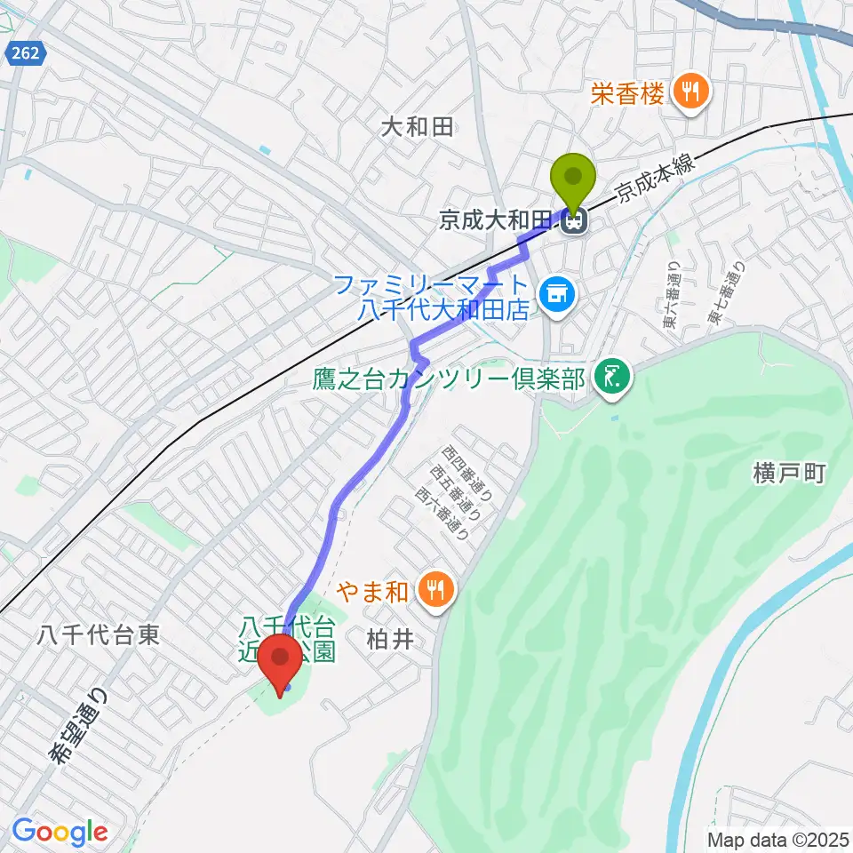 京成大和田駅から八千代台近隣公園小体育館へのルートマップ地図