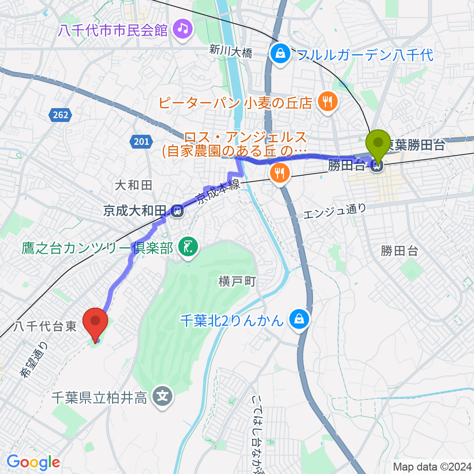 勝田台駅から八千代台近隣公園小体育館へのルートマップ地図