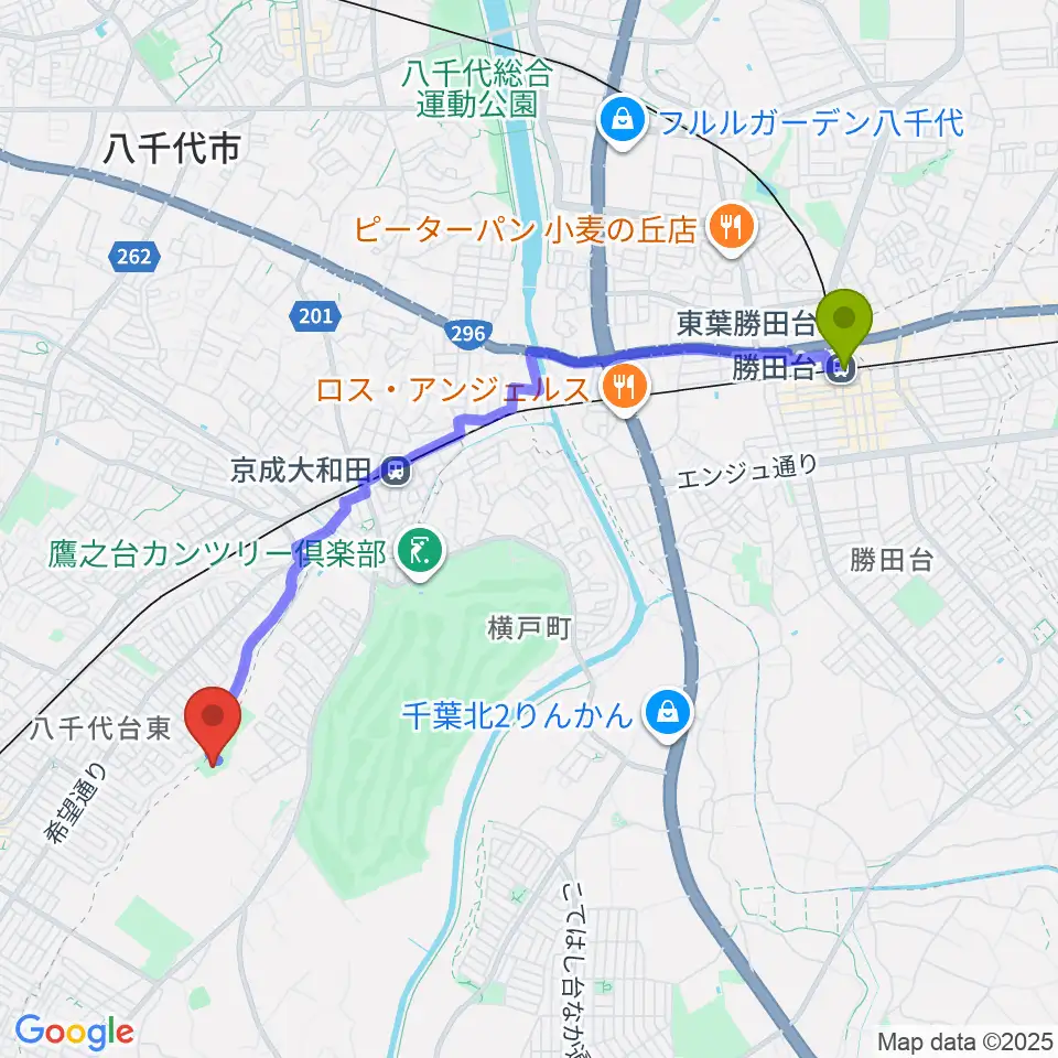 勝田台駅から八千代台近隣公園小体育館へのルートマップ地図