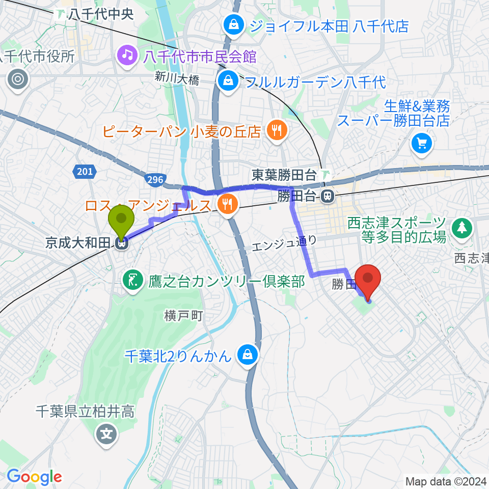 京成大和田駅から勝田台中央公園小体育館へのルートマップ地図