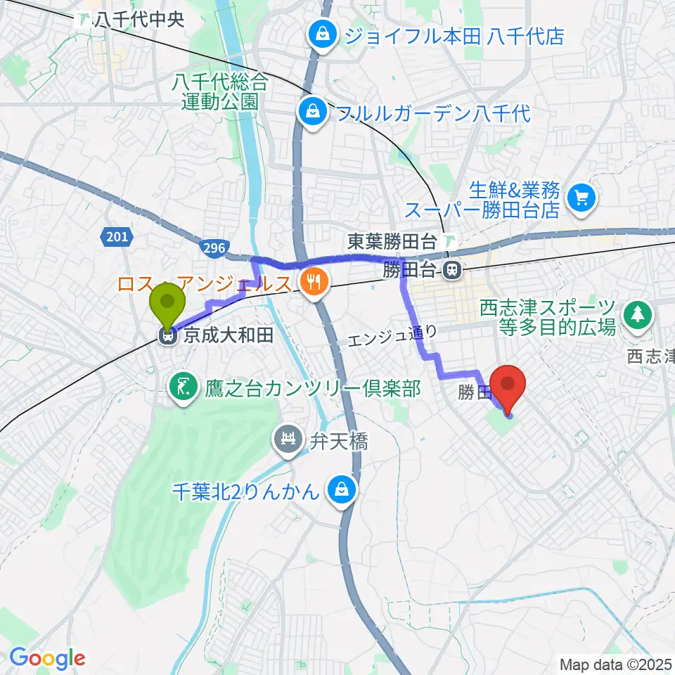 京成大和田駅から勝田台中央公園小体育館へのルートマップ地図