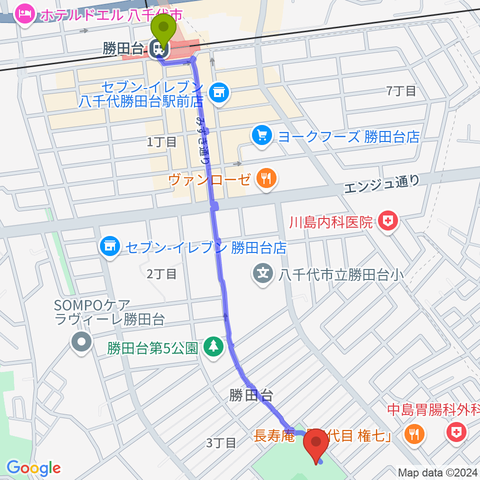 勝田台中央公園小体育館の最寄駅勝田台駅からの徒歩ルート（約14分）地図