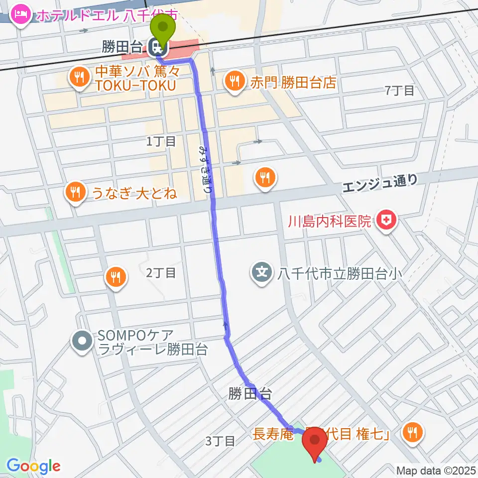 勝田台中央公園小体育館の最寄駅勝田台駅からの徒歩ルート（約14分）地図