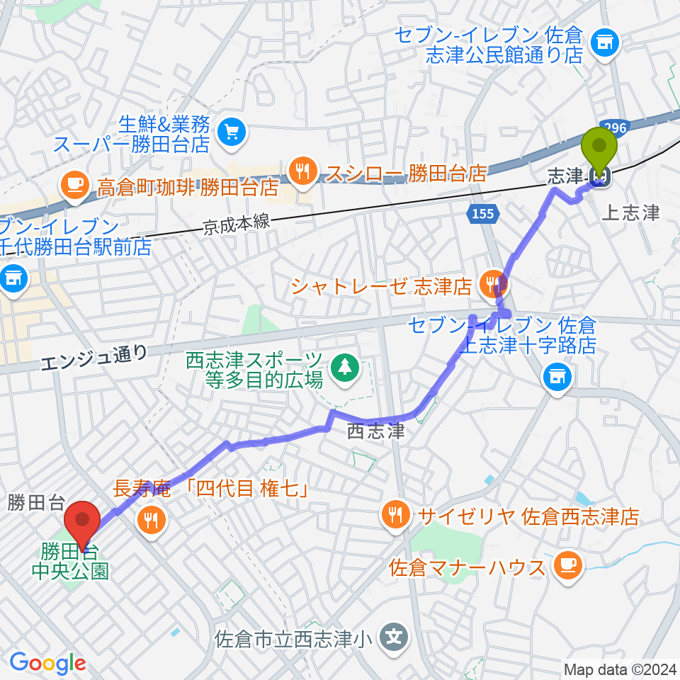 志津駅から勝田台中央公園小体育館へのルートマップ地図