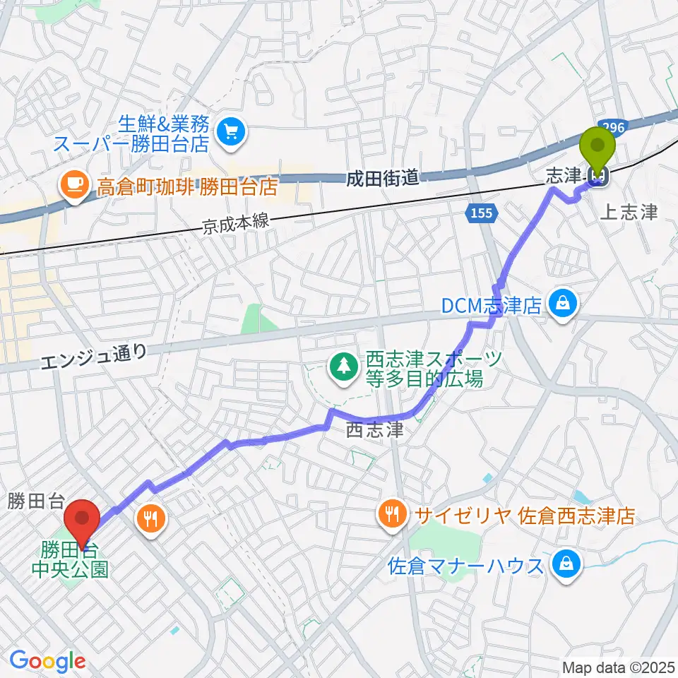志津駅から勝田台中央公園小体育館へのルートマップ地図