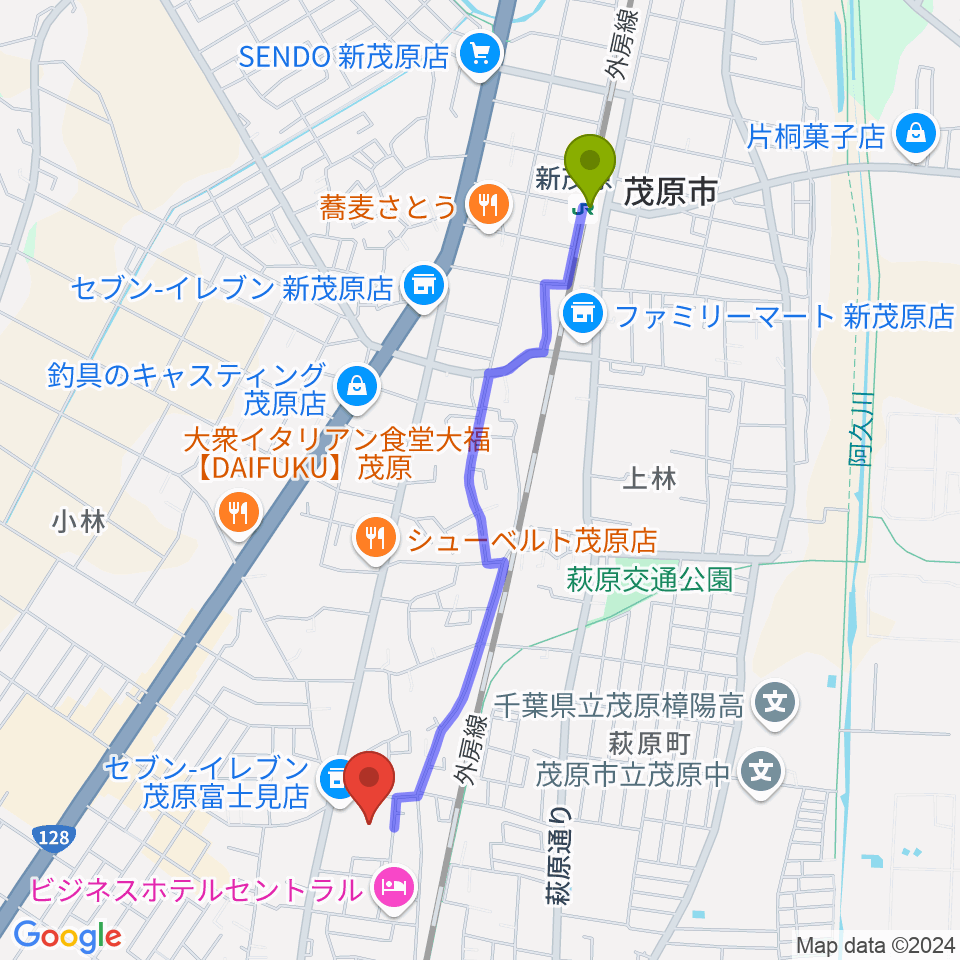 茂原市市民体育館の最寄駅新茂原駅からの徒歩ルート（約21分）地図