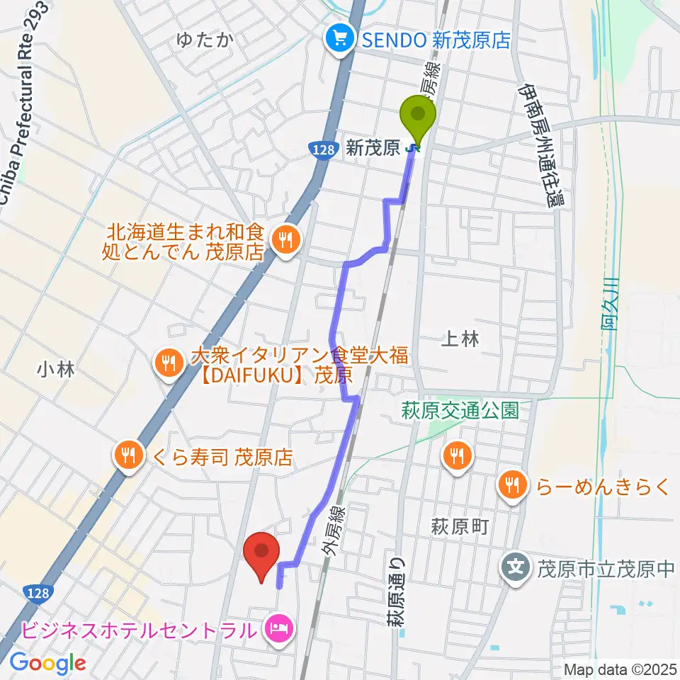 茂原市市民体育館の最寄駅新茂原駅からの徒歩ルート（約21分）地図