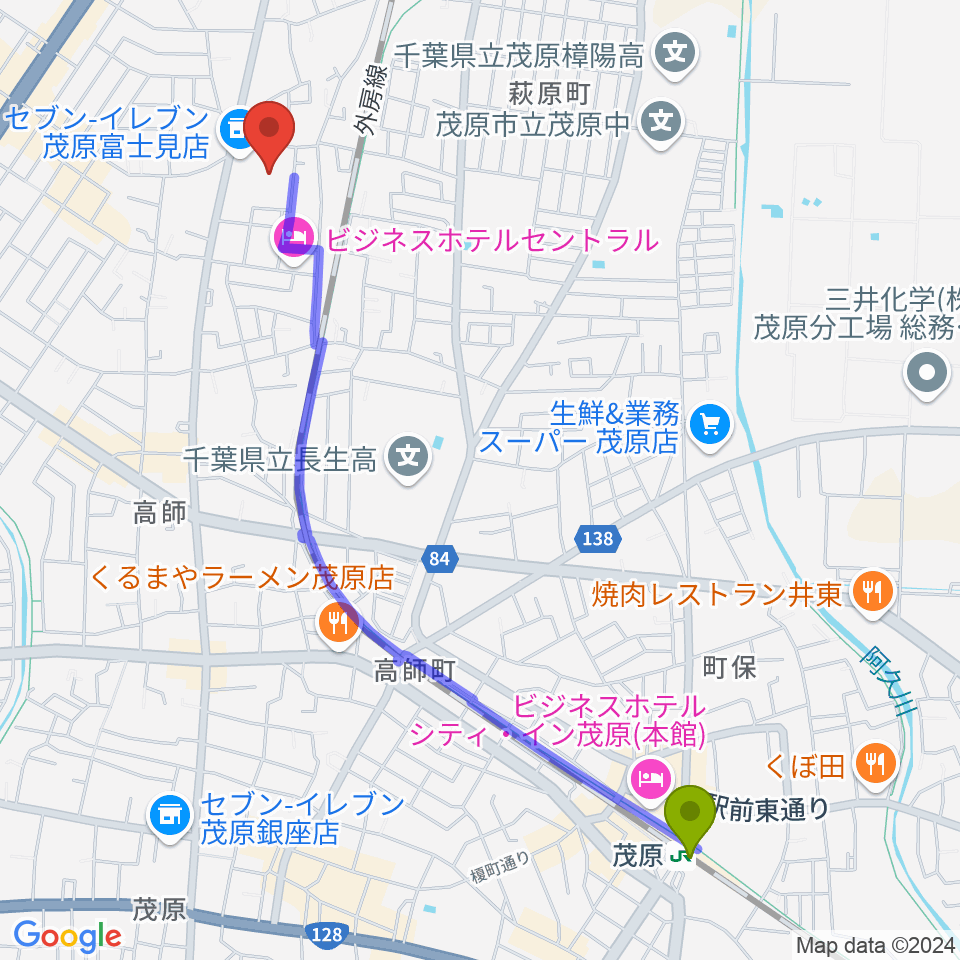 茂原駅から茂原市市民体育館へのルートマップ地図