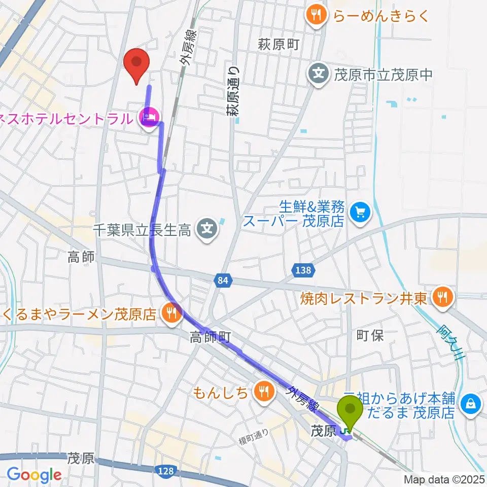 茂原駅から茂原市市民体育館へのルートマップ地図